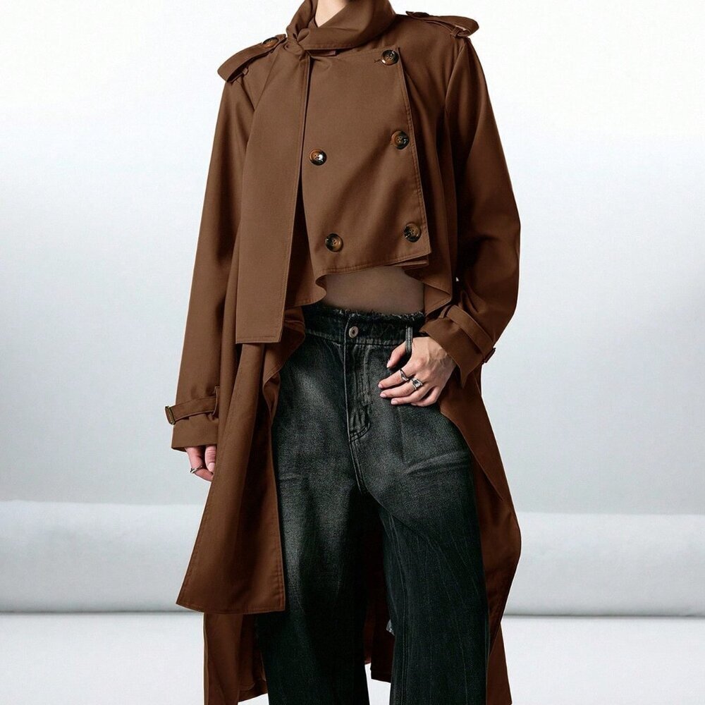 Chocolate Brown Casual Women's Double-Breasted Trench Coat - Picture 4 of 7